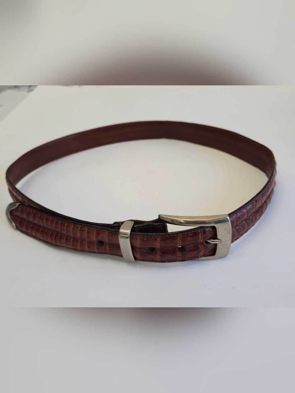 South American Crocodile Made In Italy Men's Leather Belt Silver Buckle Size 34"